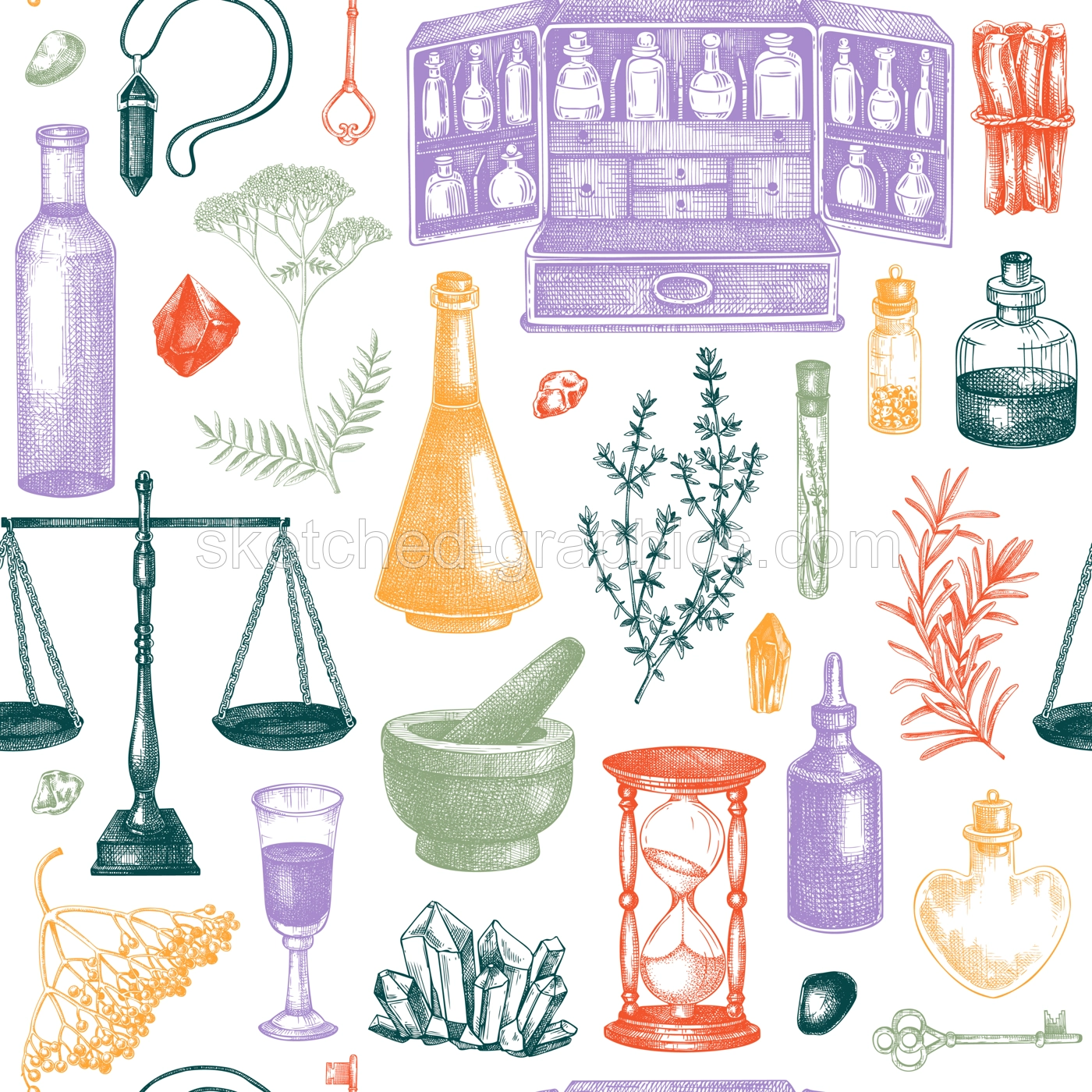 Antique apothecary background. Herbal medicine hand-drawn vector illustrations. Alchemy seamless pattern. Vintage chemistry design. NOT AI generated Illustration